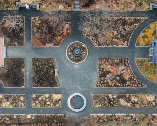 Aerial view of the Nadeau Garden  The Rock Garden is located in the circular stracture on the right.