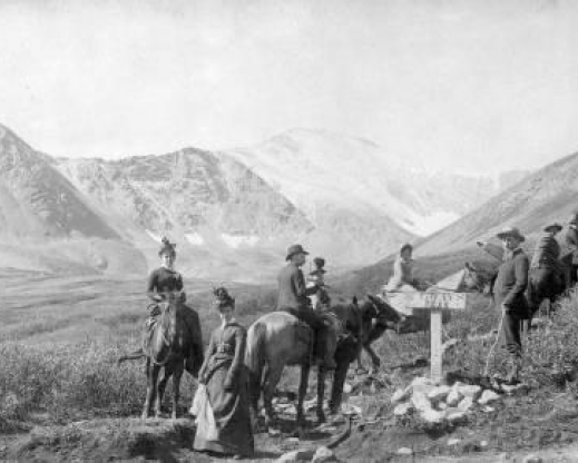 Gray’s Peak climbing party. Horses, trail guides, and high fashions were standard for tourist trips to the summit. The cost was $9 and included train ride to and from Denver and stays at both the Jennings Hotel and Kelso Cabin. Eastwood and Wallace hiked to the summit instead. Photo from Denver Public Library Western History Archives Gray’s Peak climbing party. Horses, trail guides, and high fashions were standard for tourist trips to the summit. The cost was $9 and included train ride to and from Denver and stays at both the Jennings Hotel and Kelso Cabin. Eastwood and Wallace hiked to the summit instead. Photo from Denver Public Library Western History Archives