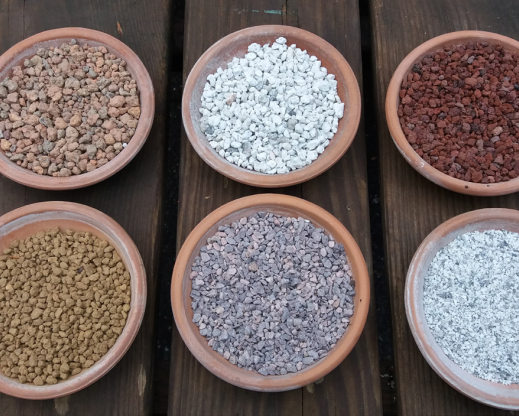 Left to right back to front: gravel, pumice, lava, akadama, haydite, granite