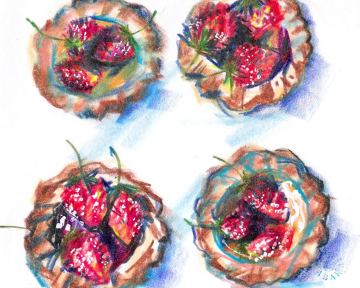 Fraises des bois (Fragaria vesca)  decorating tartlets. Tiny plants are like jewels in the garden, as they are in the kitchen.