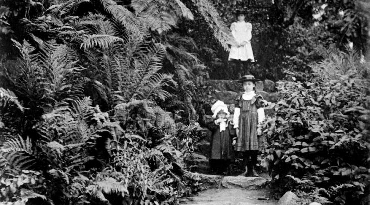 A circa 1900 photograph looking west of the rockery’s rustic stone stairway.